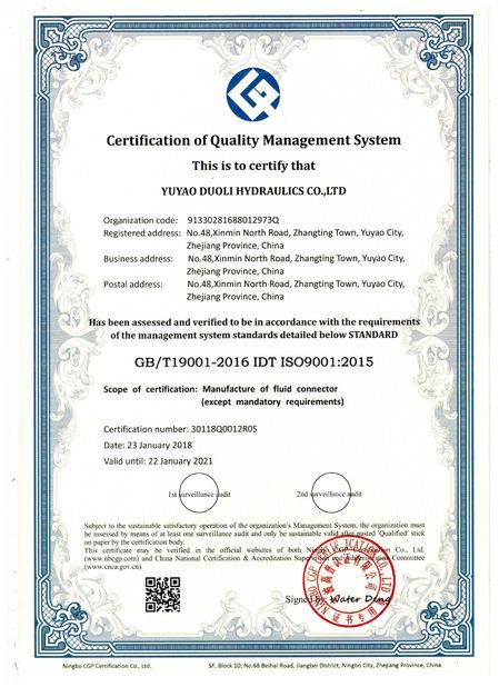 China YUYAO DUOLI HYDRAULICS CO.,LTD. Zertifizierungen